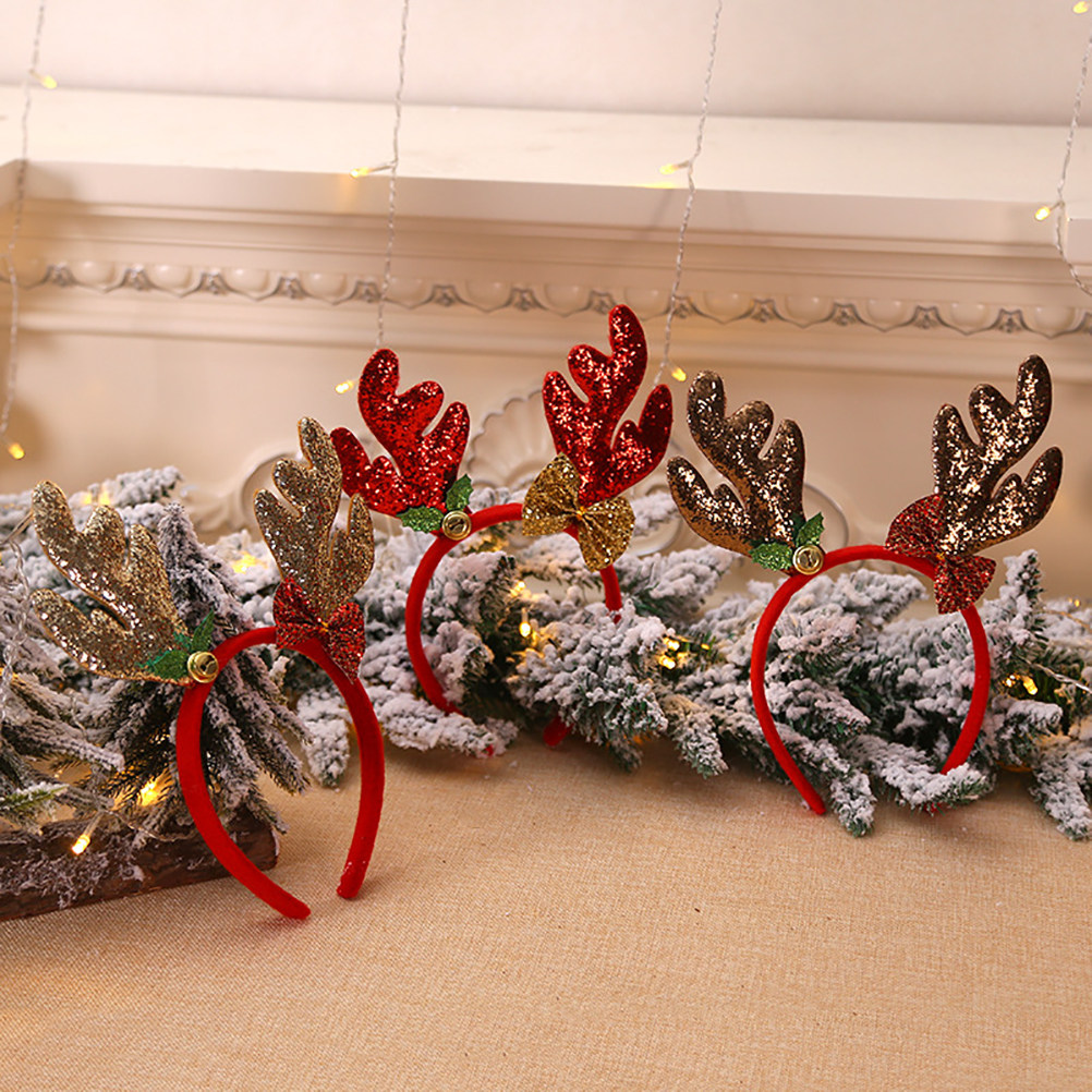 Reindeer Antlers Headband - 3個セット トナカイの角 クリスマスヘッドバンド グリッターベル ヘアバンド 赤