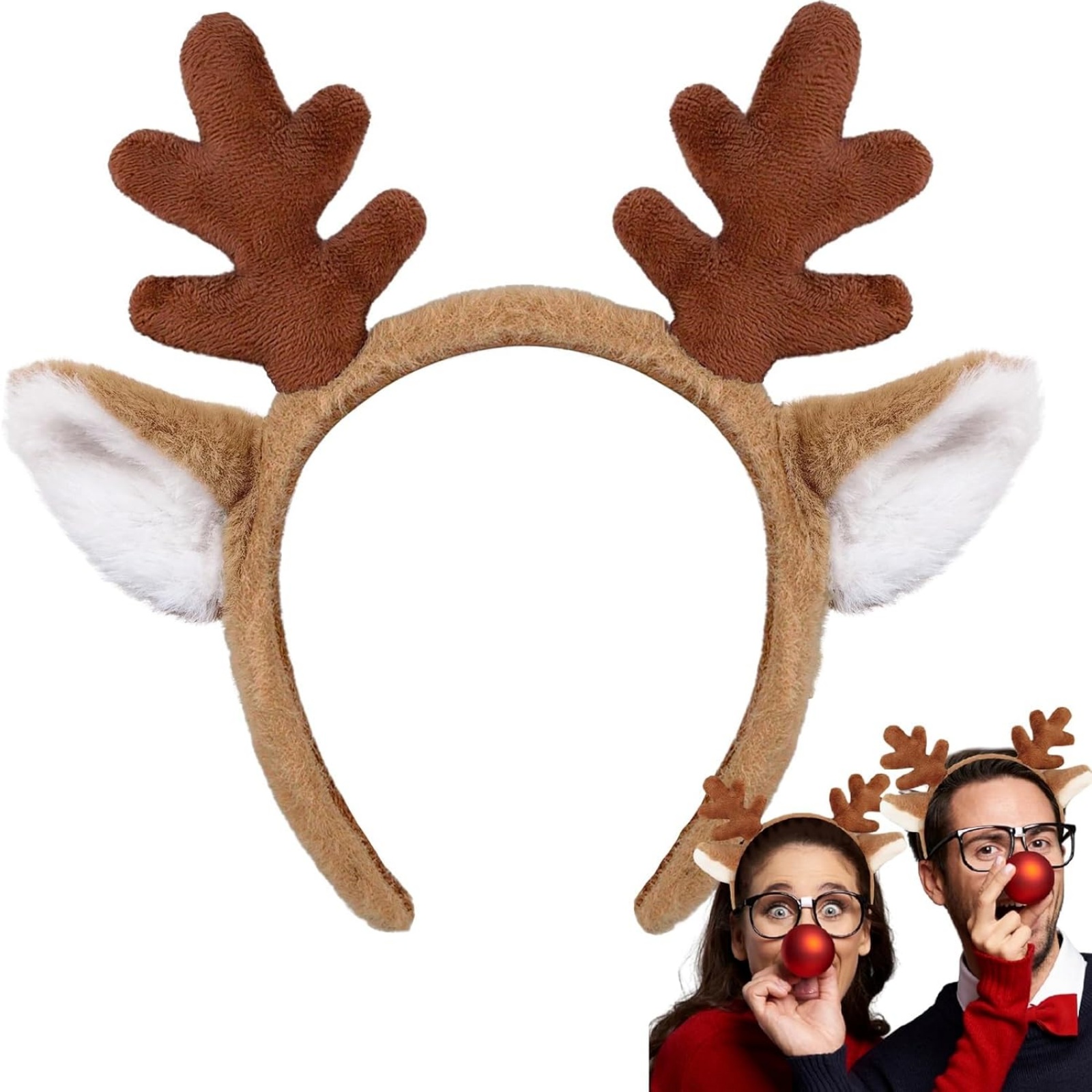 Reindeer Antlers Headband - 1PC クリスマス トナカイの角 ヘッドバンド - 耳付きの豪華なお祝い用ヘアアクセサリー、かわいいホリデーパーティーデコレーション