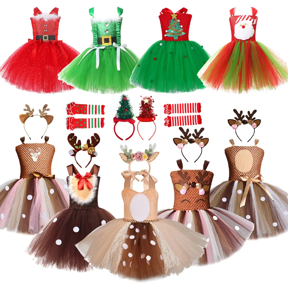 Elf Costume Christmas - クリスマス子供用チュチュドレス トナカイ サンタ エルフコスチューム ホリデーパーティー衣装 ヘッドバンド付き