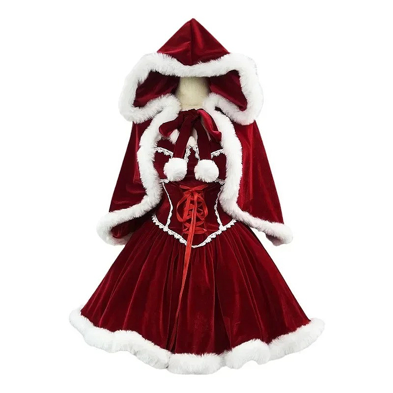 Elf Costume Christmas - 新年の赤いドレス、マント、コスプレ、プラスサイズの服、ケープ、女性用ロールプレイ衣装、フルセット、暖かいホリデーコスチューム、女の子用