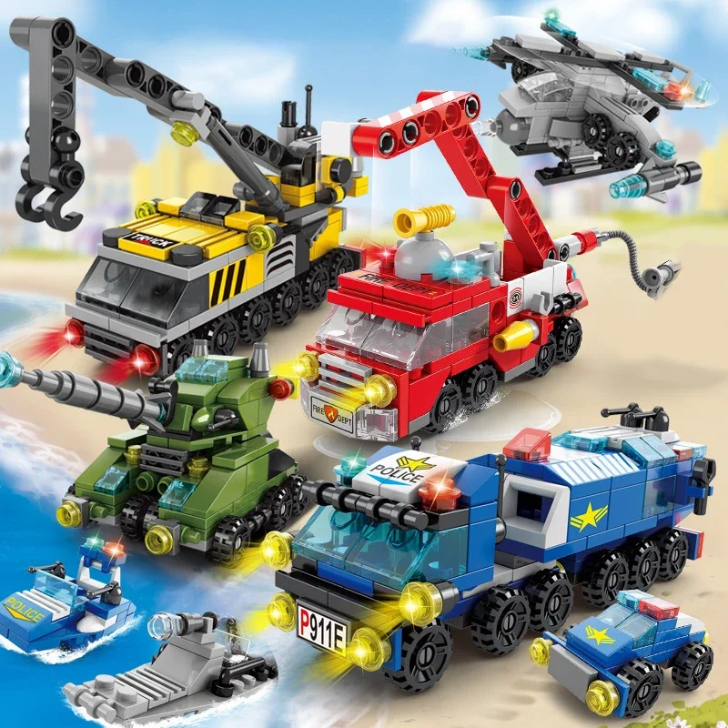 Lego Set City - 子供のための消防車のビルディングブロック,警察のトラック,エンジニアリングクレーン,タンク,ヘリコプターのレンガセット,子供のおもちゃ,6in 1