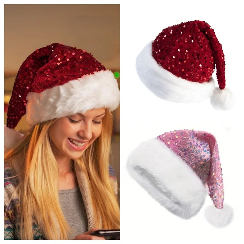 二重層スパンコールクリスマスハット、ふわふわの長いポンポン付 - Santa Hat Plush のレビューと価格