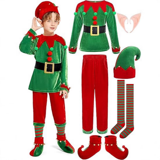 クリスマスエルフコスチュームセット グリーンレッドベルベット - Elf Costume Christmas のレビューと価格