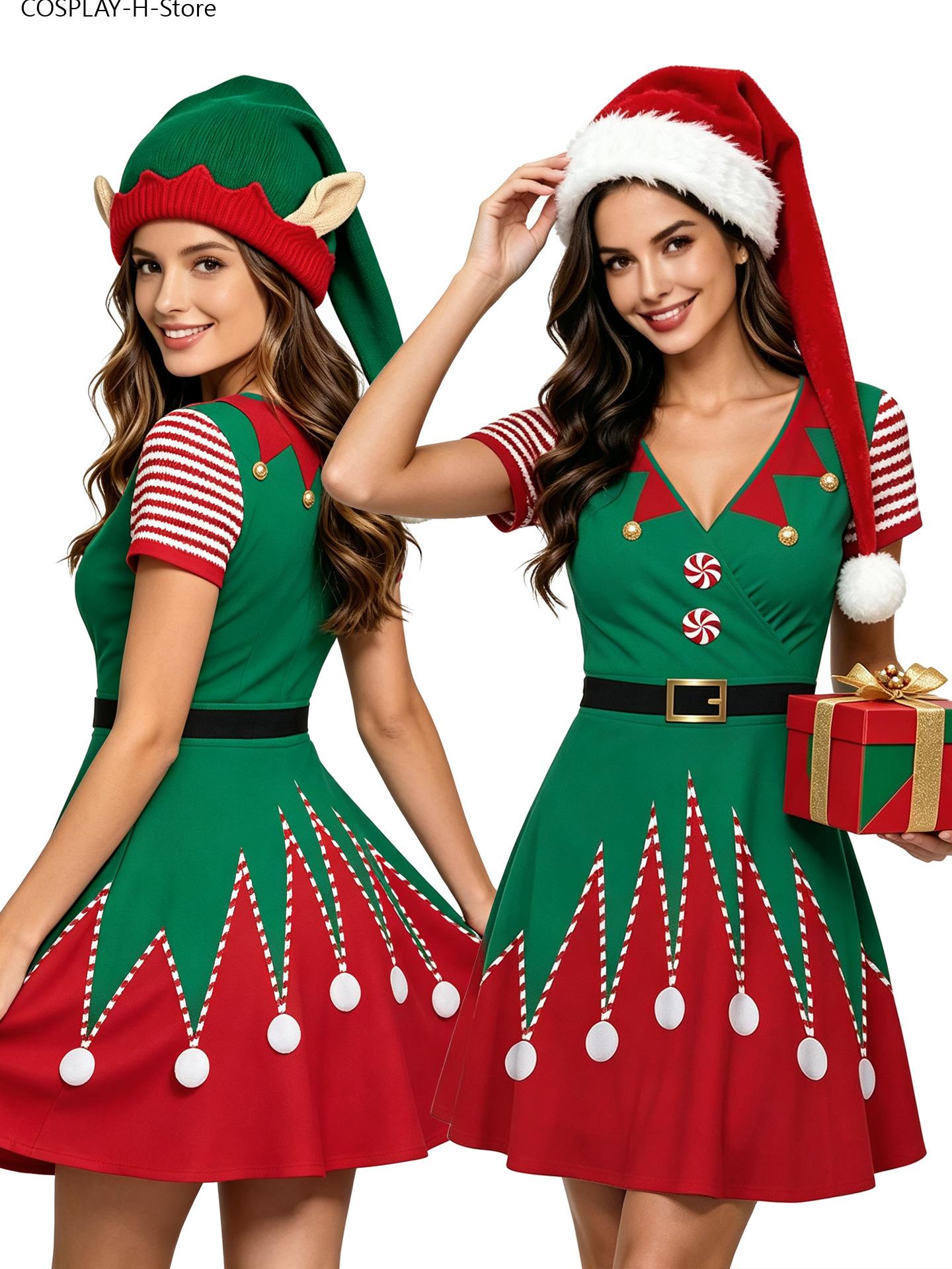 女性用クリスマスエルフドレス、長袖VネックAラインミニドレス - Elf Costume Christmas のレビューと価格