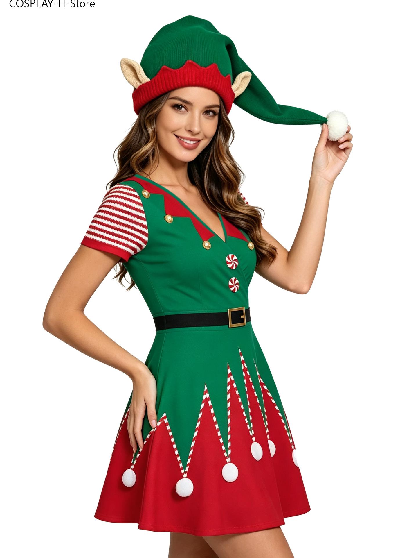 女性用クリスマスエルフドレス、長袖VネックAラインミニドレス - Elf Costume Christmas のレビューと価格